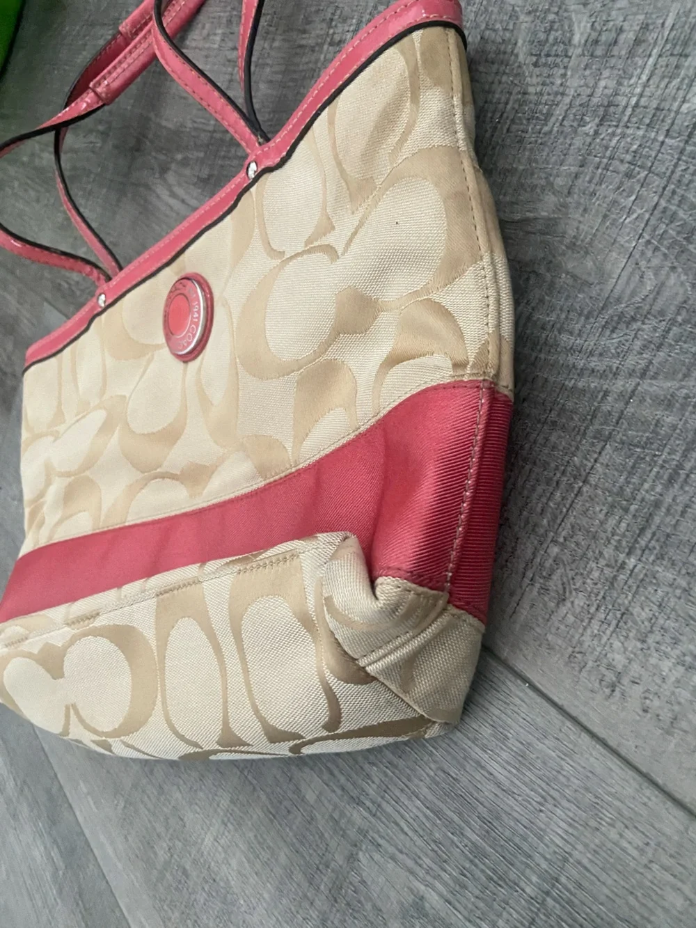 Coach Beige Signature Tote with Coral Pink Trim
